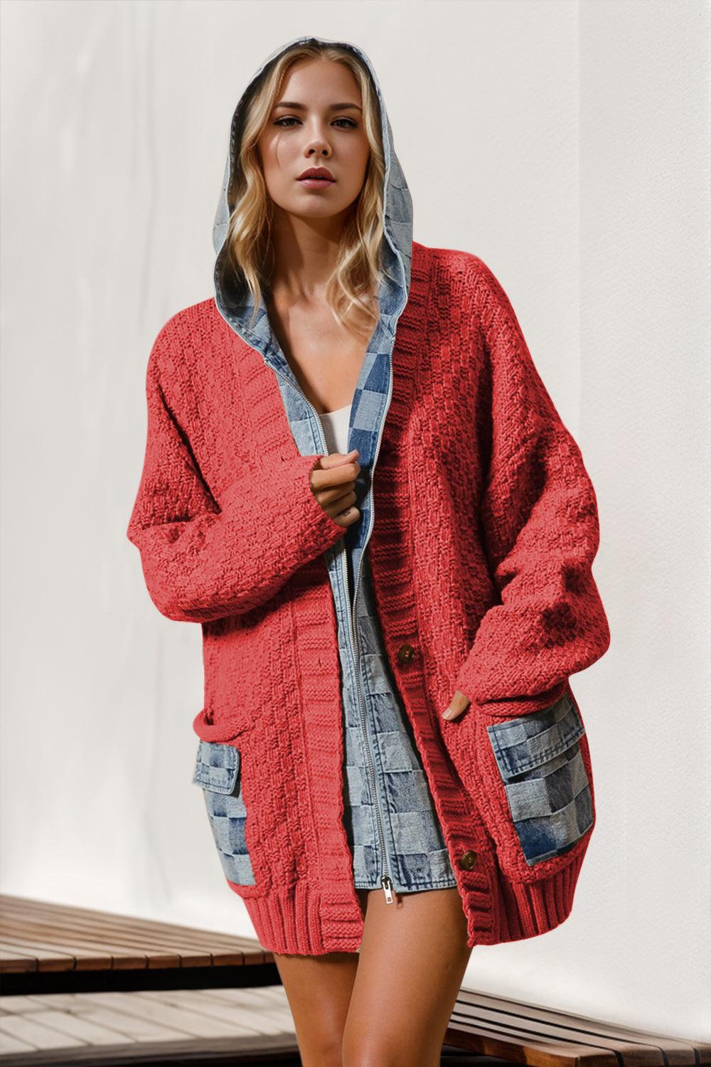 Denim Cardigans Kimonos – Outerwear Any | Double Take Full Hooded Spliced Sweater Cardigan - Modestly Vogue 