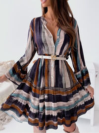 Boho Chic Buttoned Striped Long Sleeve Mini Dress - Modestly Vogue 