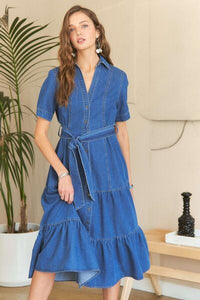 Denim ADORA Tiered Button Down Tie Waist Dress | Short Sleeve, - Modestly Vogue 