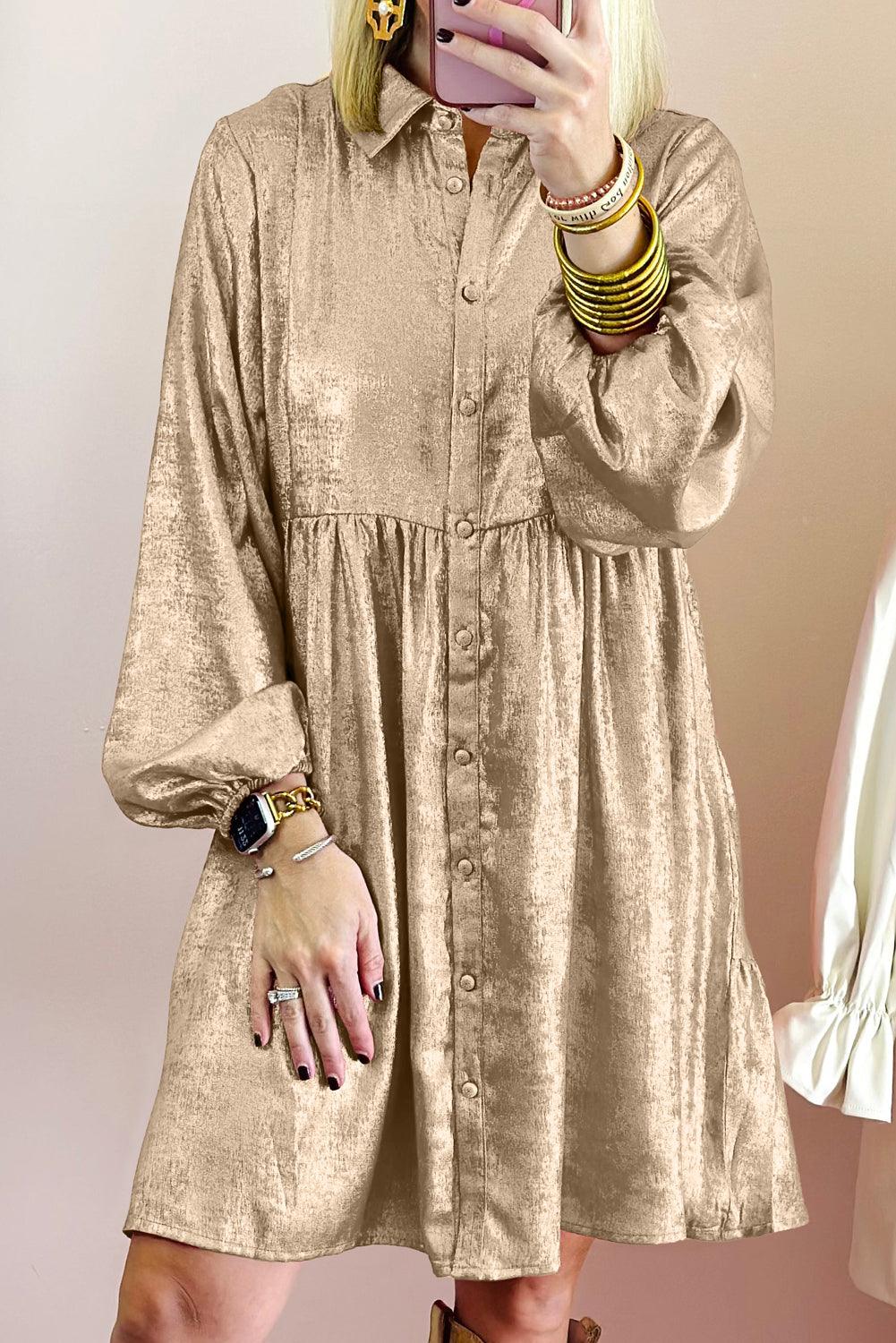 Apricot Metallic Sheen Puff Sleeve Button Up Mini Shirt Dress - Modestly Vogue 