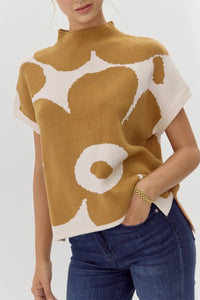 Camel Big Flower Pattern Stand Neck Short Sleeve Sweater - Modestly Vogue 