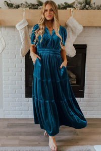 Prussian Blue Velvet Short Sleeve Shirred Waist Tiered Maxi Dress - Modestly Vogue 