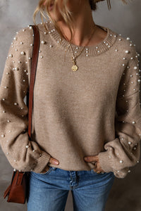 Smoke Gray Pearled Drop Shoulder Round Neck Sweater - Modestly Vogue 