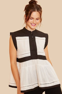 Annie Wear Contrast Trim Peplum Button Detail Blouse - Modestly Vogue 