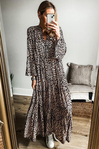 Apricot Leopard Print Tiered Wide Sleeve Maxi Dress - Modestly Vogue 