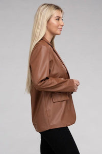 Sleek Pu Leather Blazer with Front Closure - Modestly Vogue 