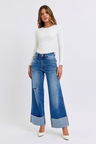 Denim Judy Blue Full Distressed High Waist Wide Leg Jeans - Modestly Vogue 