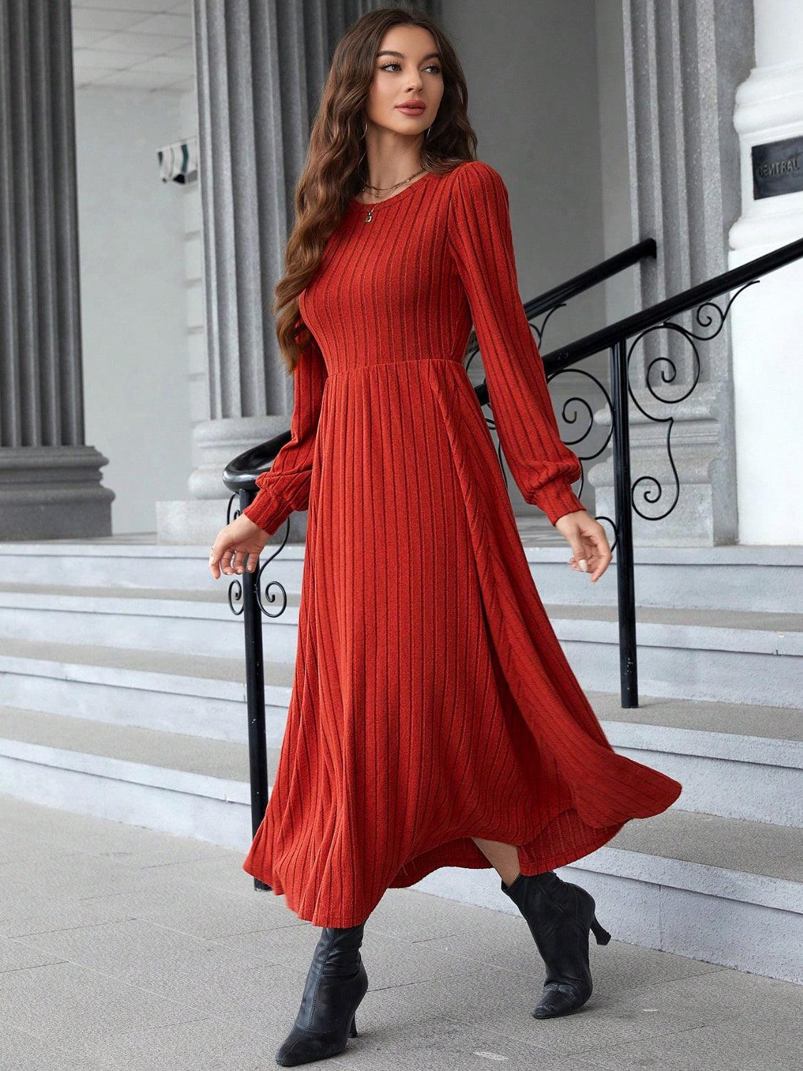 Stylish Dresses for Women – Trendy & Timeless Styles for Every Occasion | Modestly Vogue Ribbed Round Neck Long Sleeve Dress - Modestly Vogue 