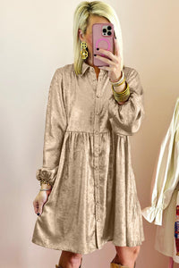 Apricot Metallic Sheen Puff Sleeve Button Up Mini Shirt Dress - Modestly Vogue 