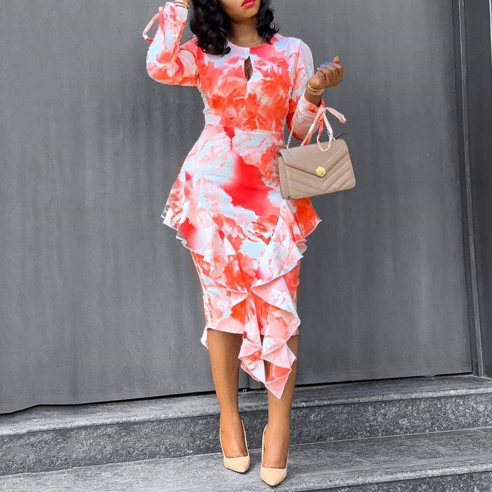 Stylish Dresses for Women – Trendy & Timeless Styles for Every Occasion | Modestly Vogue Autumn Winter Office Printed Ruffled Sheath One Step Dress - Modestly Vogue 