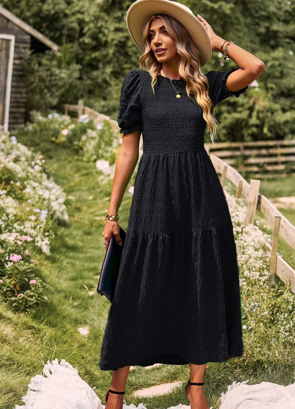 Boho Chic Smocked Textured Midi Dress – Dress - Modestly Vogue 