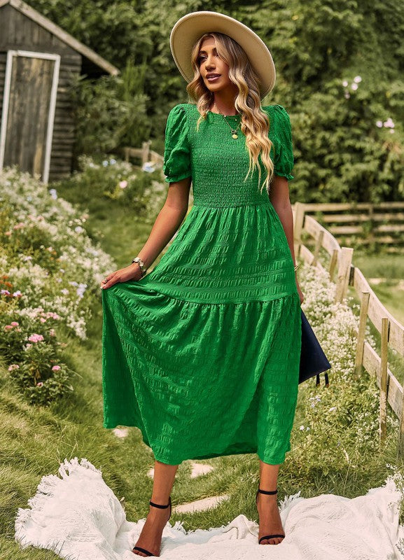 Boho Chic Smocked Textured Midi Dress – Dress - Modestly Vogue 