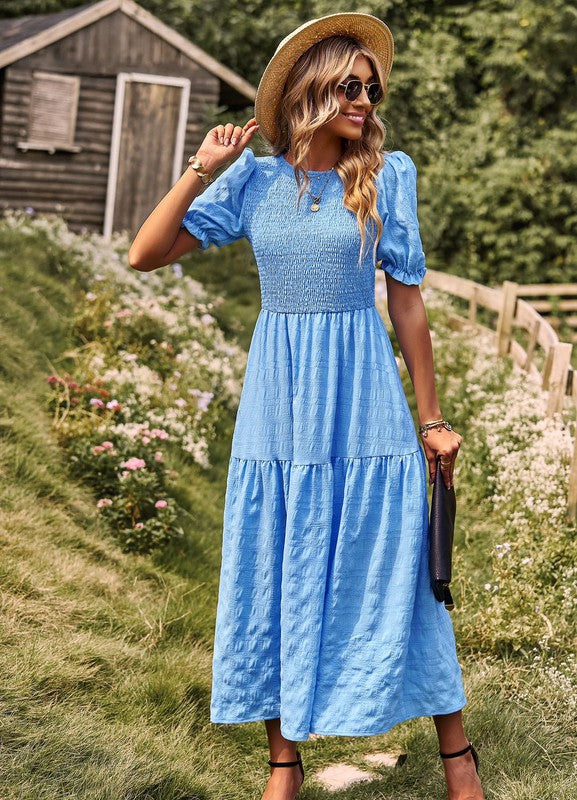 Boho Chic Smocked Textured Midi Dress – Dress - Modestly Vogue 