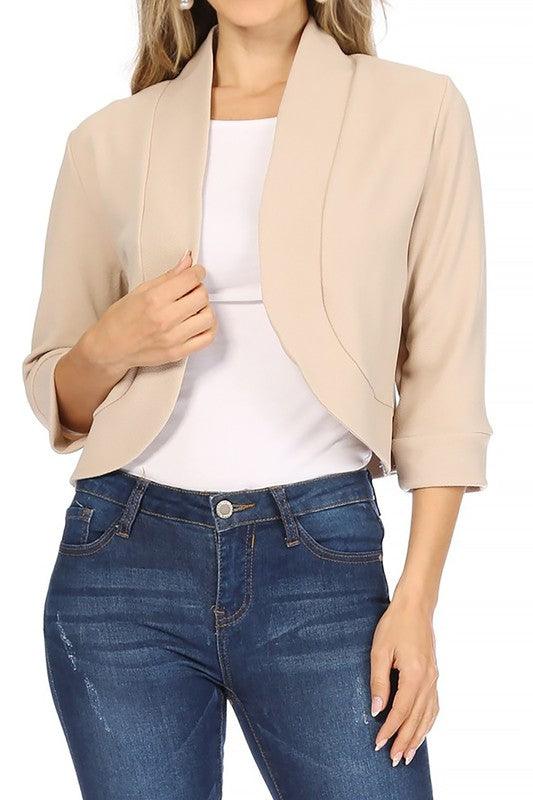 Solid, waist length, collarless blazer cardigan - Modestly Vogue 