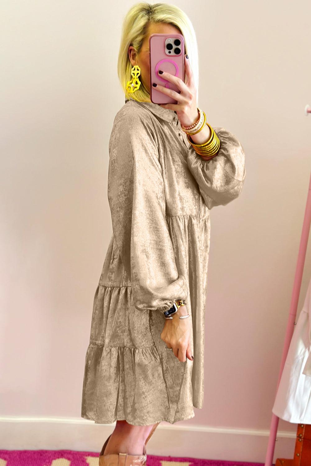 Apricot Metallic Sheen Puff Sleeve Button Up Mini Shirt Dress - Modestly Vogue 