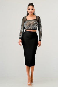 Gown |Mesh Beaded Two Piece Midi Skirt Set - Modestly Vogue 