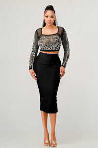 Gown |Mesh Beaded Two Piece Midi Skirt Set - Modestly Vogue 