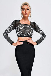 Gown |Mesh Beaded Two Piece Midi Skirt Set - Modestly Vogue 