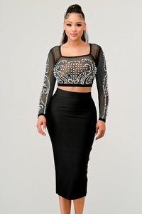 Gown |Mesh Beaded Two Piece Midi Skirt Set - Modestly Vogue 