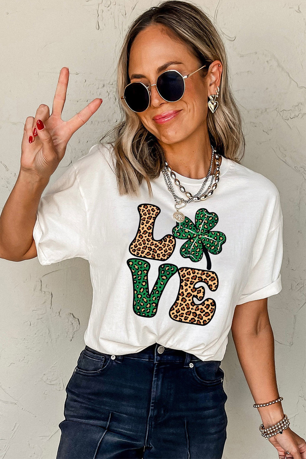 White Cheetah Clover LOVE Graphic St. Patricks Crewneck Tee - Modestly Vogue 