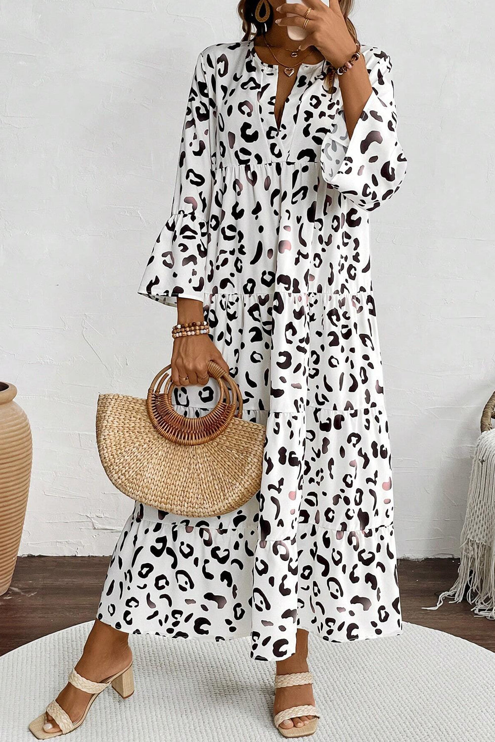 White Leopard Print Notch V Neck Loose Fit Maxi Dress - Modestly Vogue 