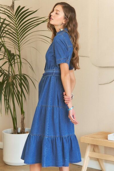 Denim ADORA Tiered Button Down Tie Waist Dress | Short Sleeve, - Modestly Vogue 