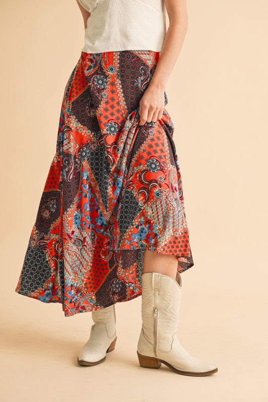 Boho Chic Bohemian Patchwork Maxi Skirt | Flowy Festival Skirt - Modestly Vogue 