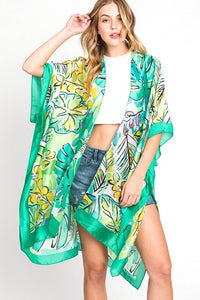 Tropical Leaf Print Silky Kimono Cover-Up – Elegant & Lightweight - Modestly Vogue 