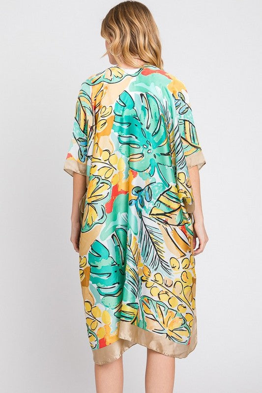 Tropical Leaf Print Silky Kimono Cover-Up – Elegant & Lightweight - Modestly Vogue 