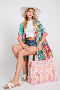 Tropical Leaf Print Silky Kimono Cover-Up – Elegant & Lightweight - Modestly Vogue 