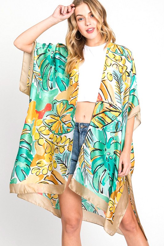 Tropical Leaf Print Silky Kimono Cover-Up – Elegant & Lightweight - Modestly Vogue 