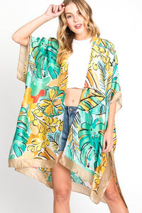 Tropical Leaf Print Silky Kimono Cover-Up – Elegant & Lightweight - Modestly Vogue 