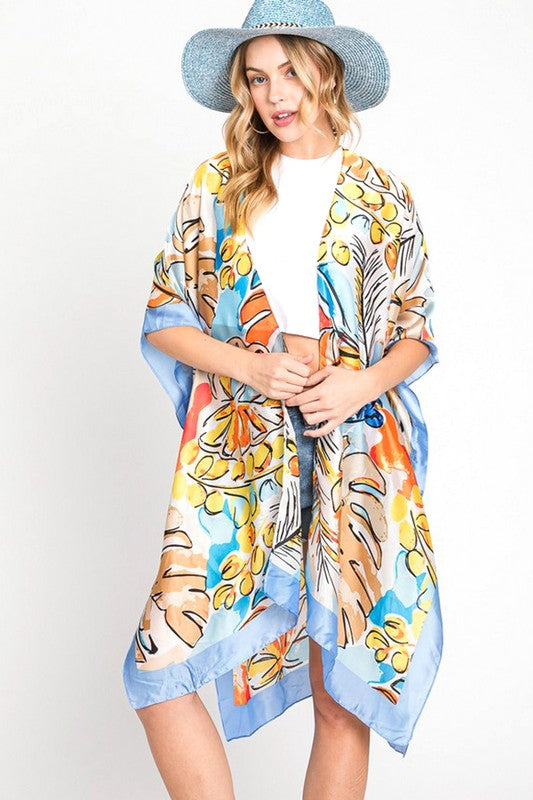 Tropical Leaf Print Silky Kimono Cover-Up – Elegant & Lightweight - Modestly Vogue 