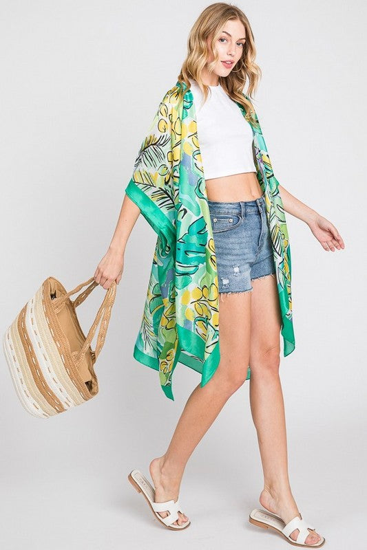 Tropical Leaf Print Silky Kimono Cover-Up – Elegant & Lightweight - Modestly Vogue 