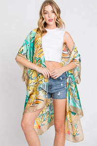 Tropical Leaf Print Silky Kimono Cover-Up – Elegant & Lightweight - Modestly Vogue 