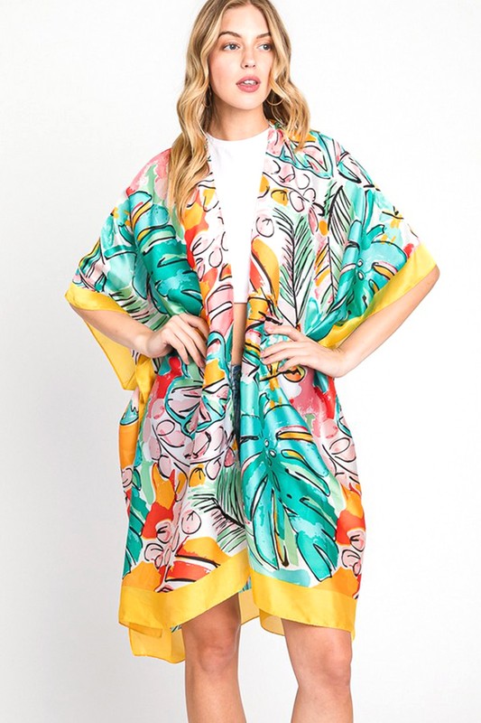 Tropical Leaf Print Silky Kimono Cover-Up – Elegant & Lightweight - Modestly Vogue 