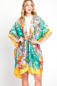 Tropical Leaf Print Silky Kimono Cover-Up – Elegant & Lightweight - Modestly Vogue 