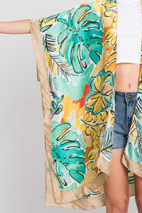 Tropical Leaf Print Silky Kimono Cover-Up – Elegant & Lightweight - Modestly Vogue 