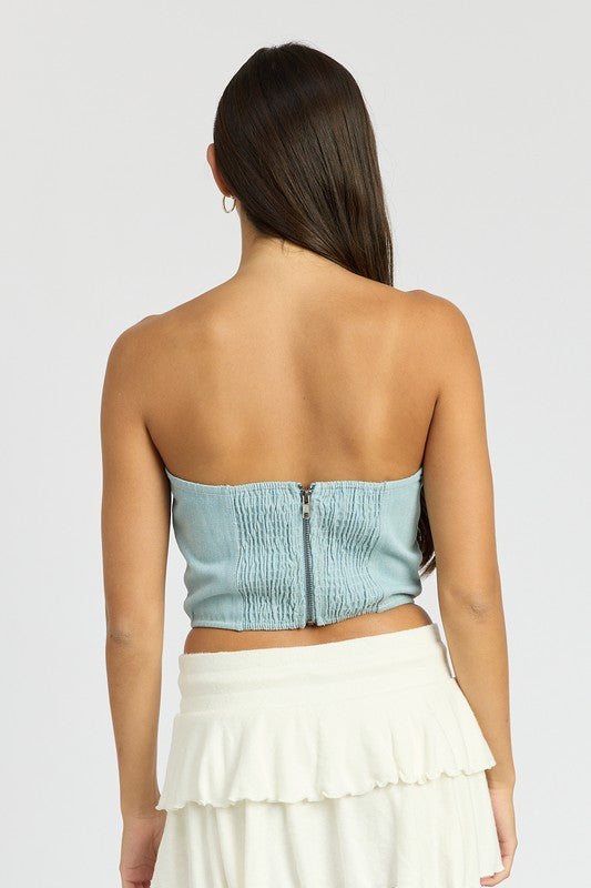 DENIM ROSETTE CORSET TUBE TOP - Modestly Vogue 