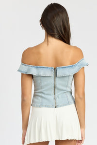 Denim Off The Shoulder Denim Bustier Top - Modestly Vogue 