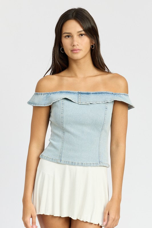 Denim Off The Shoulder Denim Bustier Top - Modestly Vogue 