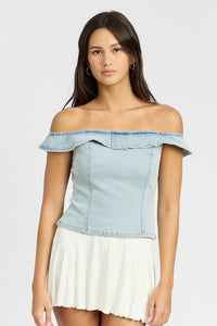 Denim Off The Shoulder Denim Bustier Top - Modestly Vogue 