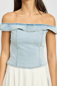 Denim Off The Shoulder Denim Bustier Top - Modestly Vogue 