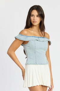 Denim Off The Shoulder Denim Bustier Top - Modestly Vogue 