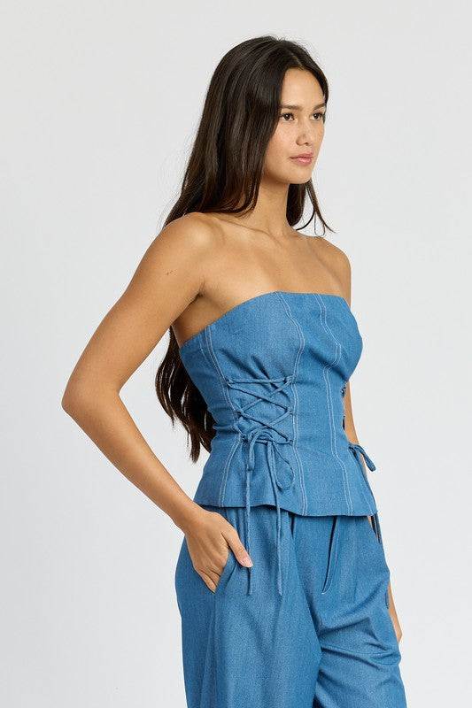 Denim Tube Top With Side Lace Up Detail - Modestly Vogue 