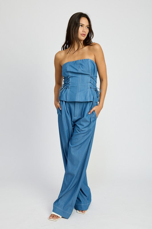 Denim Tube Top With Side Lace Up Detail - Modestly Vogue 