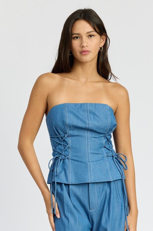 Denim Tube Top With Side Lace Up Detail - Modestly Vogue 