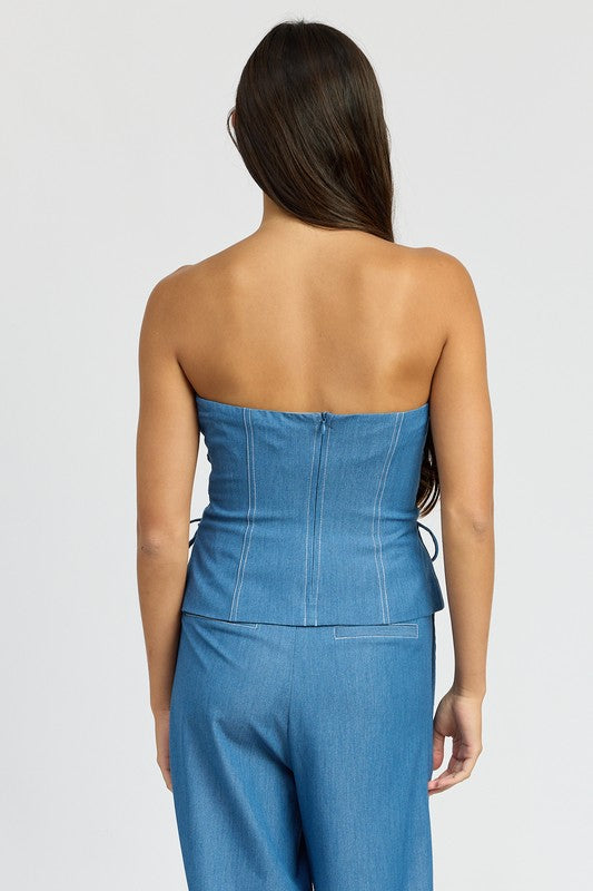 Denim Tube Top With Side Lace Up Detail - Modestly Vogue 