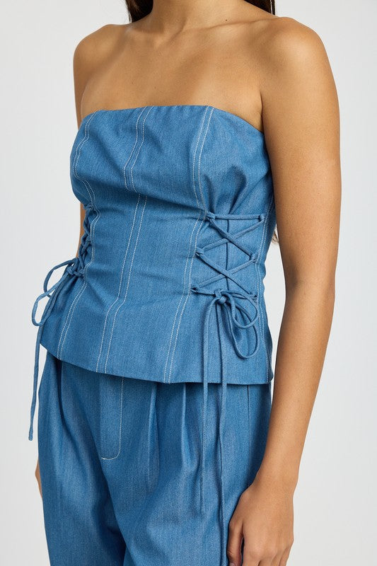 Denim Tube Top With Side Lace Up Detail - Modestly Vogue 