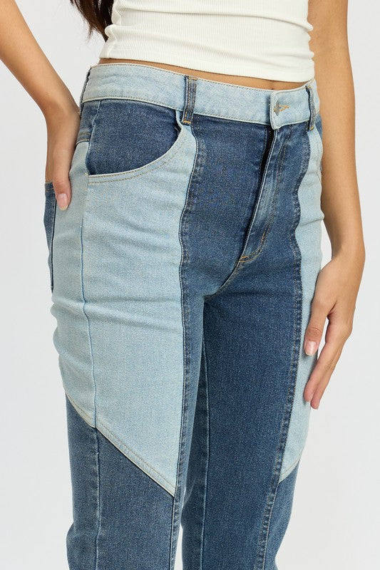 Denim COLOR BLOCK WIDE LEG PANTS - Modestly Vogue 